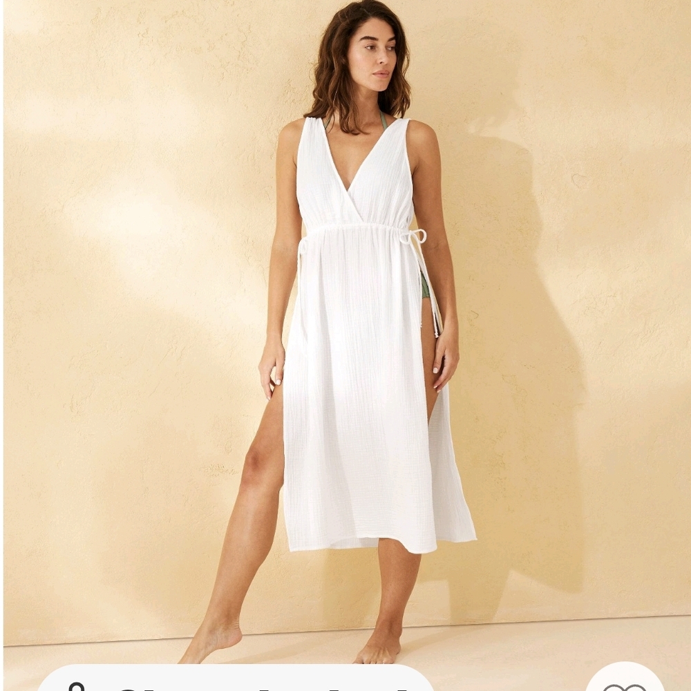 NWT White Midi Swim Coverup with Plunging V-Neck and Side Slit
